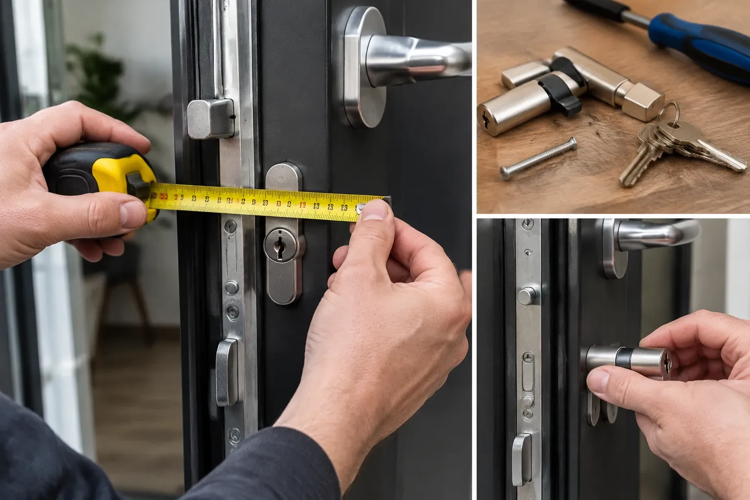 Mains mesurant le cylindre de barillet de porte d'entrée trois points avec mètre ruban