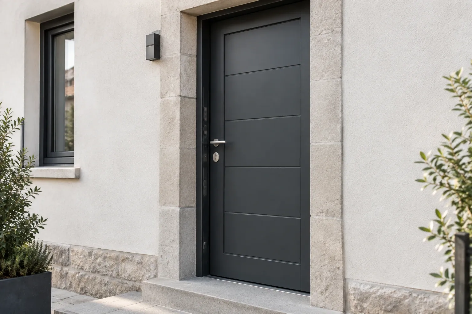 Porte d’entrée blindée gris anthracite posée dans l’encadrement d’une maison de ville